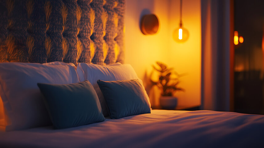 stunning patterned headboard and inviting decor