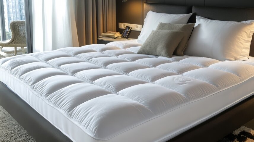 Luxurious white bedding on king size bed in modern bedroom