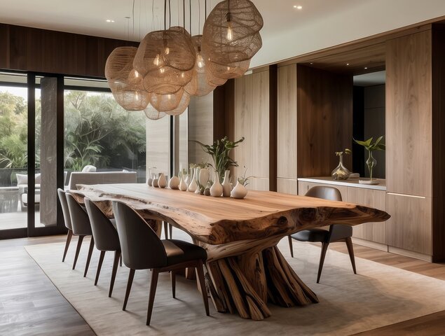 Modern dining room with wooden table and rug
