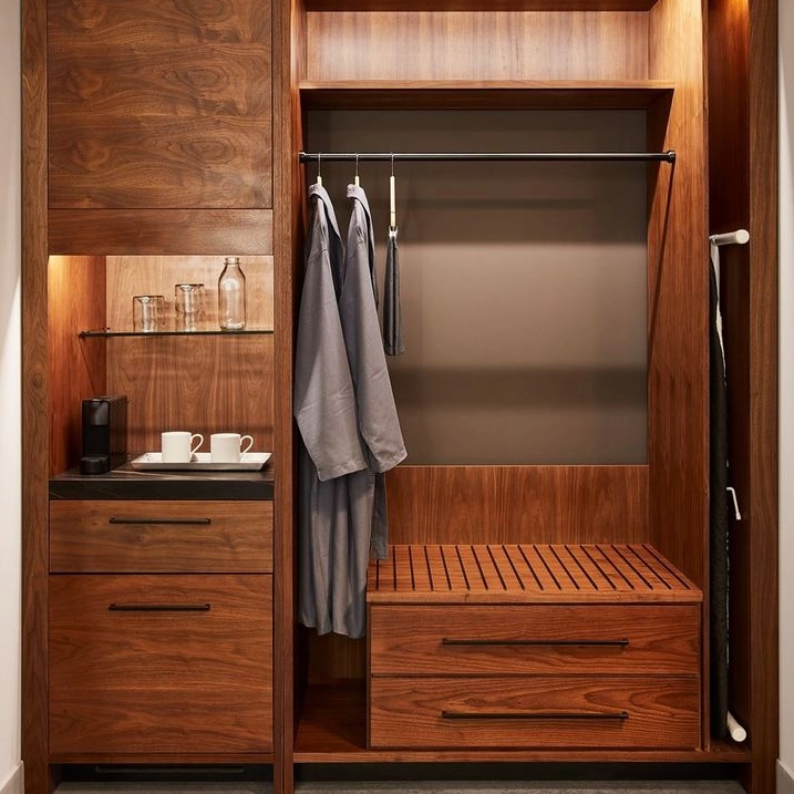 Hotel Suite Bedroom Furniture Open Wall-Mounted Storage Closets Cabinets Wood Wardrobe with Drawers