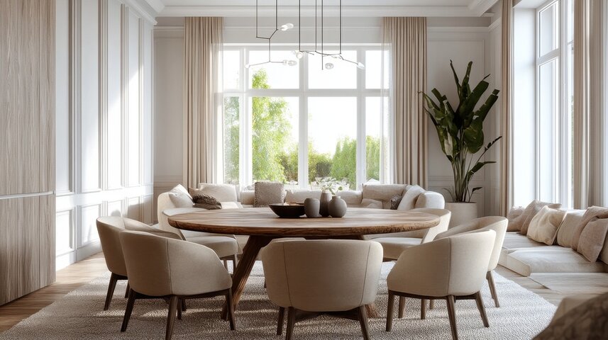 Modern Dining Room with Large Windows and Wooden Table