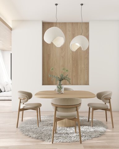 Modern dining room table with a shggy rug