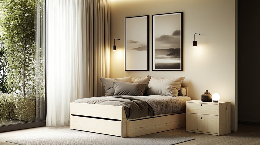 A space-saving Scandinavian room with a trundle drawer bed