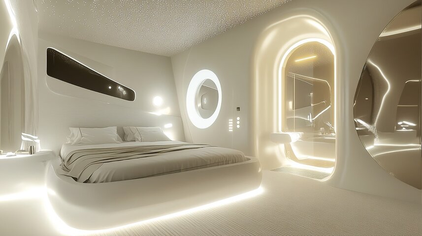 futuristic hotel room with smart LED lighting