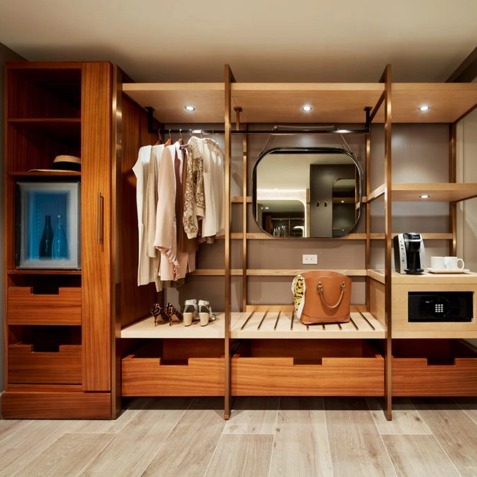Hotel Suite Bedroom Furniture Open Wall-Mounted Storage Closets Cabinets Wood Wardrobe with Drawers