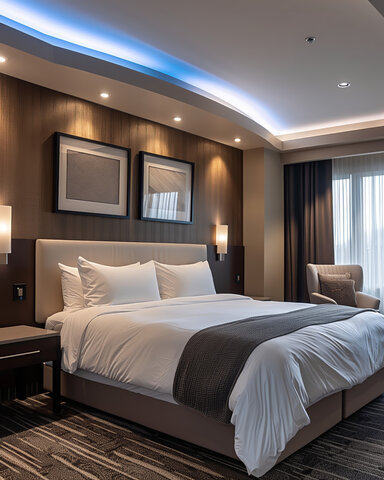 Luxury hotel bedroom with modern lighting and decor
